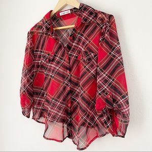 Red & Black Plaid 3/4 Sleeve Top Sz Medium